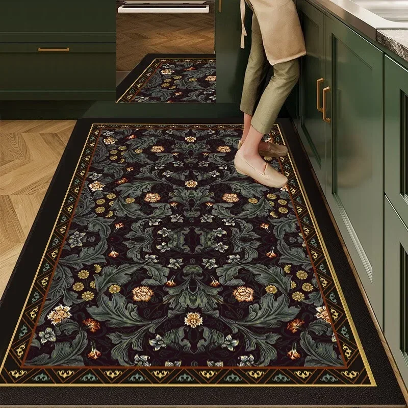 

Kitchen Carpet Pvc Waterproof Non-slip Floor Mat Retro American Style Home Decoration Rug Plaid Plant Flower Anti-oil Carpets