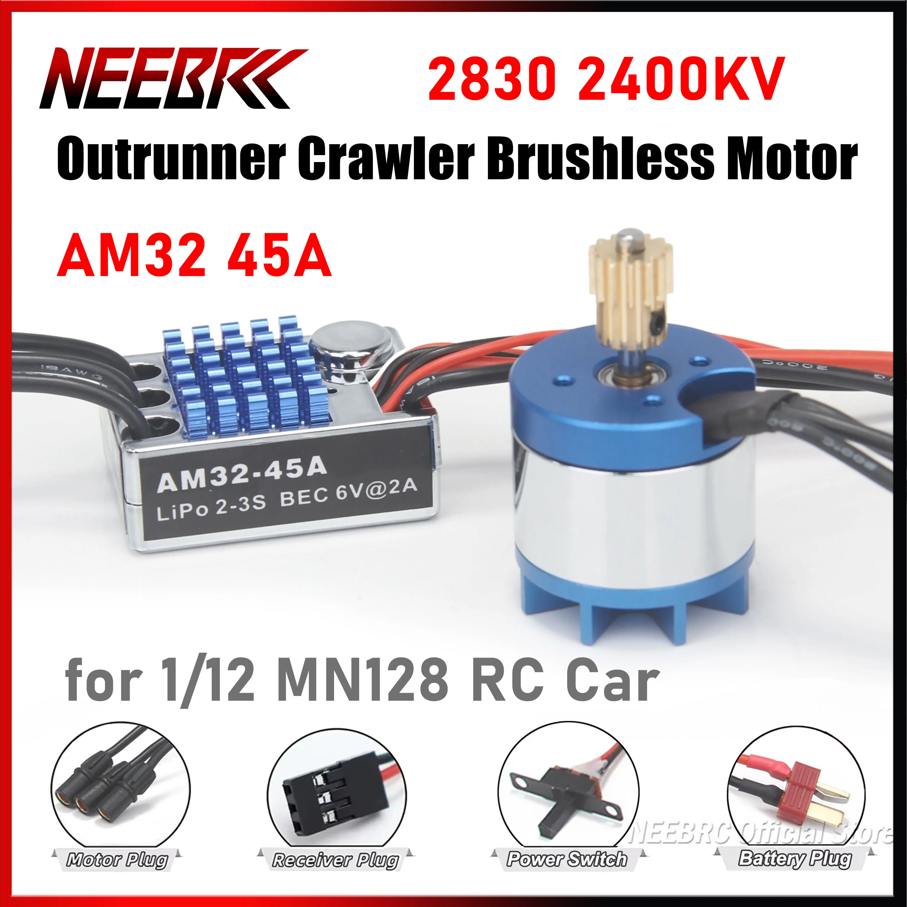 

NEEBRC 2830 2400KV RC Outrunner Crawler Brushless Motor with 14T Gear 45A ESC BEC T for 1/12 MN128 Off Road Model Car Climbing