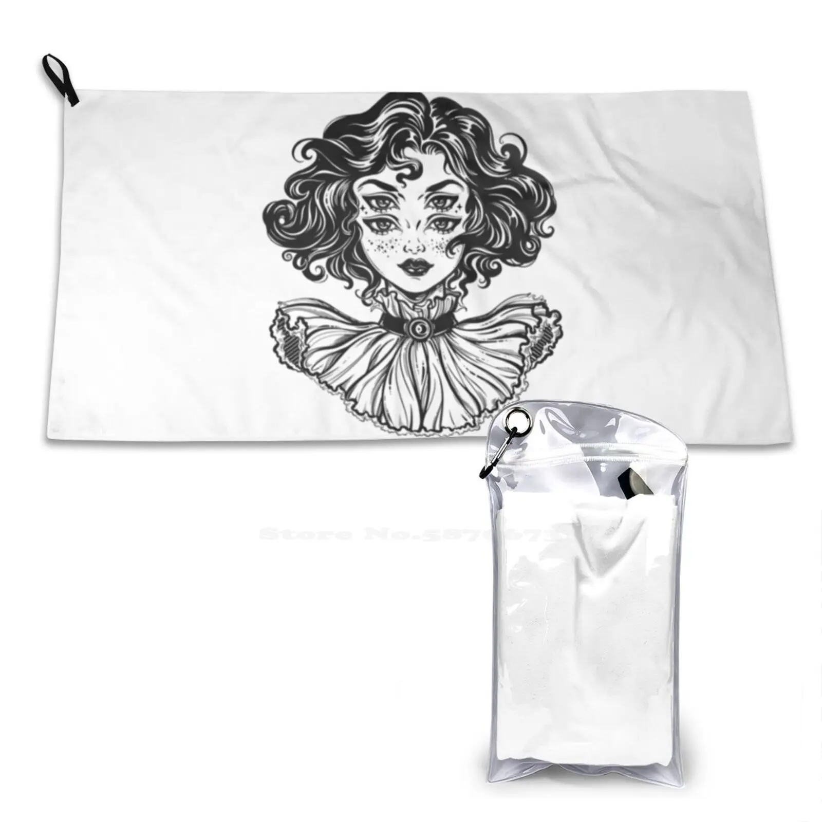 Gothic Witch Girl Head Portrait With Curly Hair And Four Eyes. Soft Microfiber Fabric Travel Towel Alchemy Background Beautiful