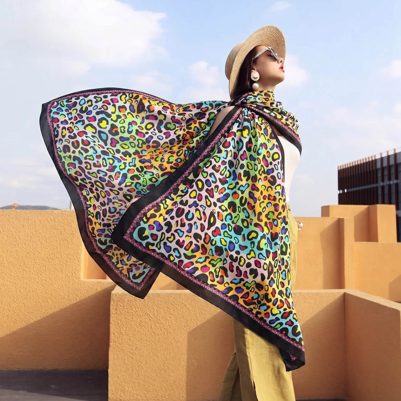 Women's Colorful Leopard Print Silk Satin Scarf 230*110cm Large Shawl Summer Sunscreen Beach Wrap Foulard Fashion Headscarf