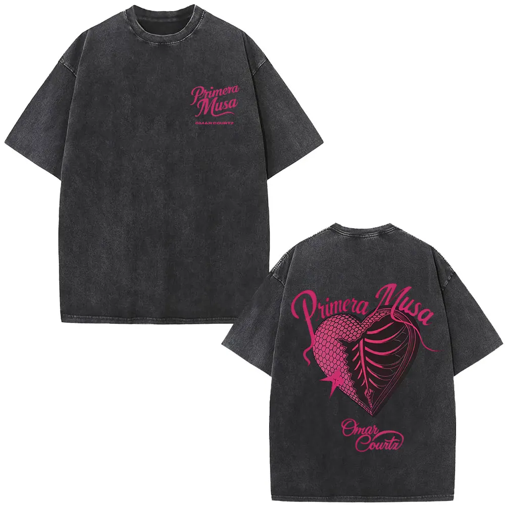 

Washed Vintage Rapper Omar Courtz Primera Musa 2025 Heart Graphic T-shirt Men Women Clothing Hip Hop Fashion Oversized T Shirts