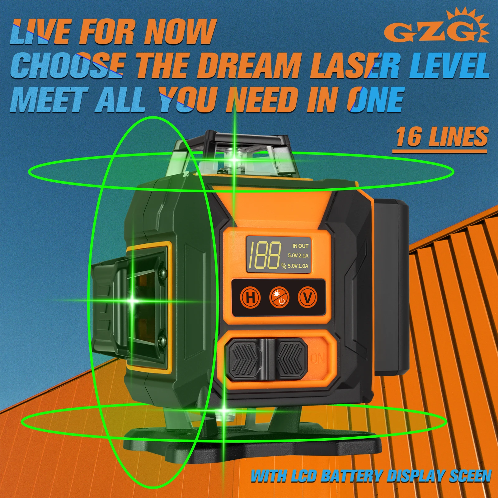 GZG Laser Level 4x360 Self-Leveling 16 Lines Green Beam 4D Cross Professional Line Laser Tool Pulse Mode LCD Screen Lifting Base