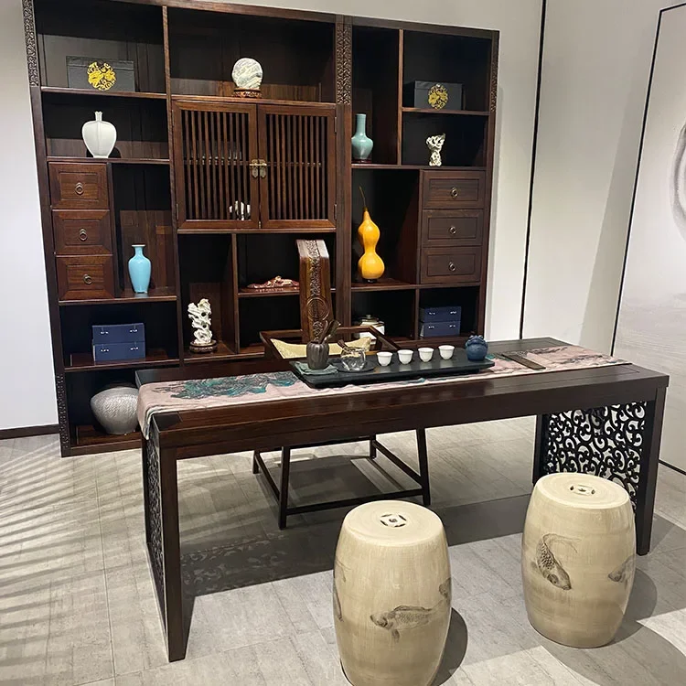 طاولة شاي صينية جديدة وكرسي مجموعة طاولة شاي من الخشب الصلب Zen، طاولة فنية بسيطة للشاي، جوز أسود منزلي