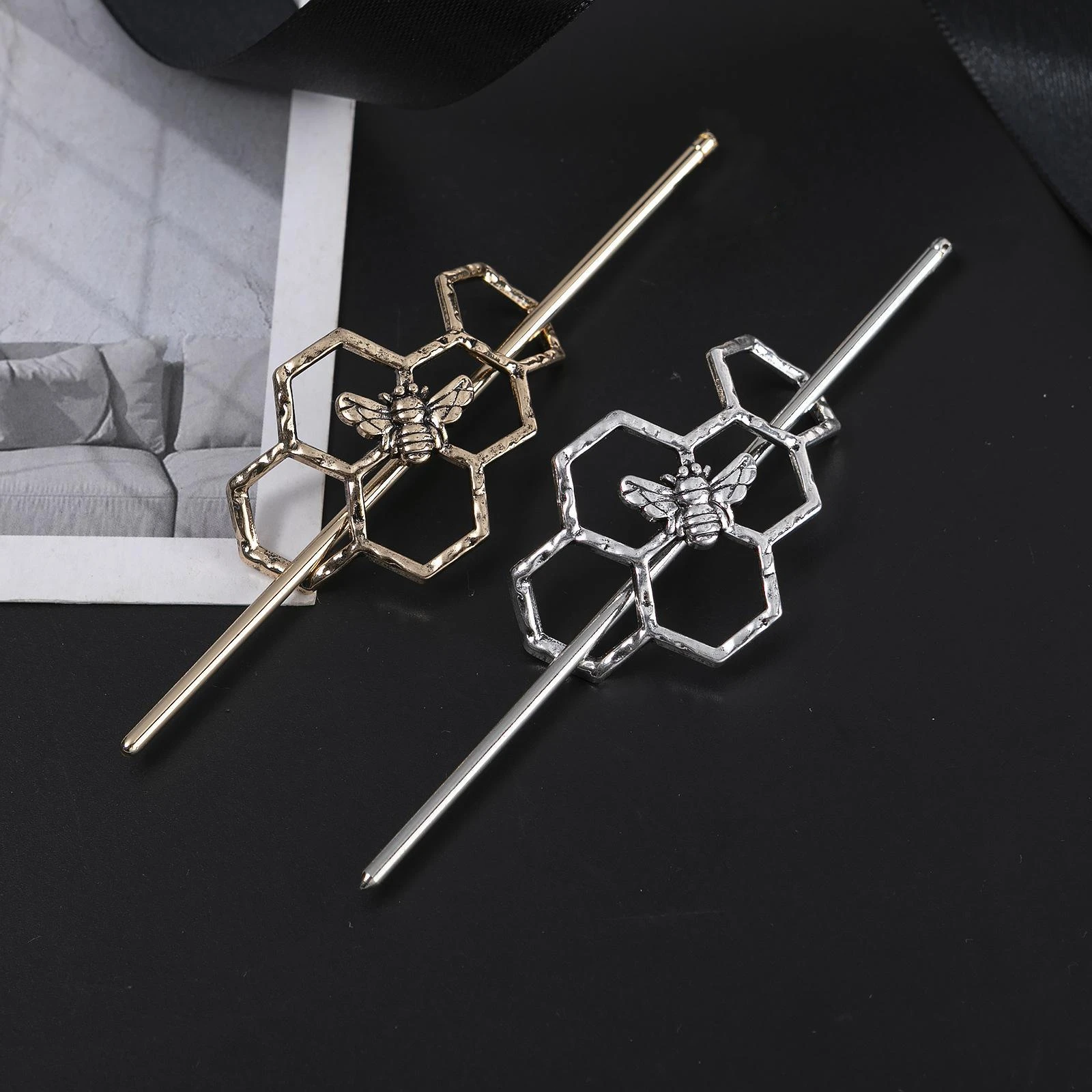 Vintage Geometric Bee Hair Pins - Hollow Metal Hair Sticks for ChignonBuns -Hair Accessories