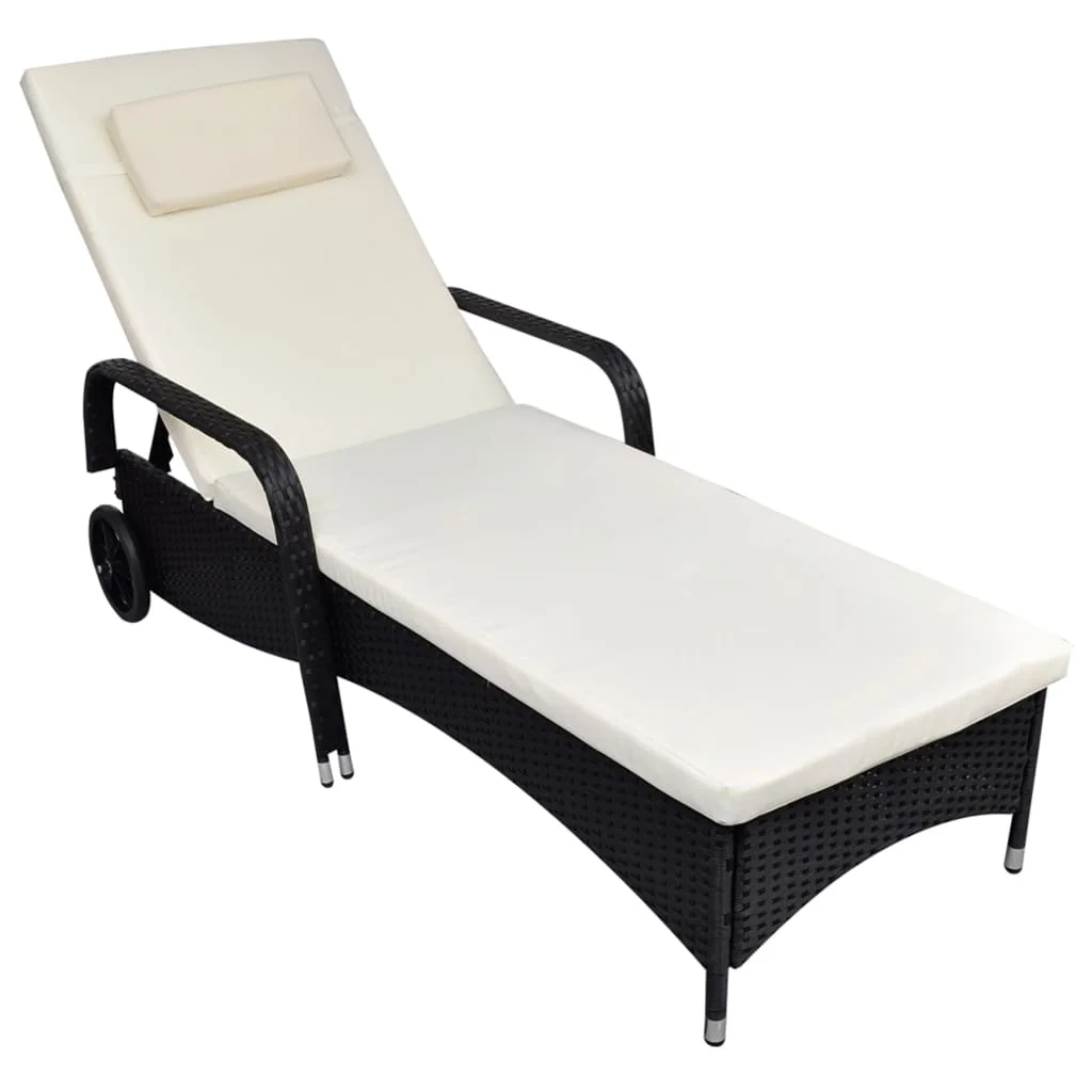Outdoor Patio Garden Sun Lounger Lounge Chairs for Pool Outside Deck with Cushion & Wheels Poly Rattan Black