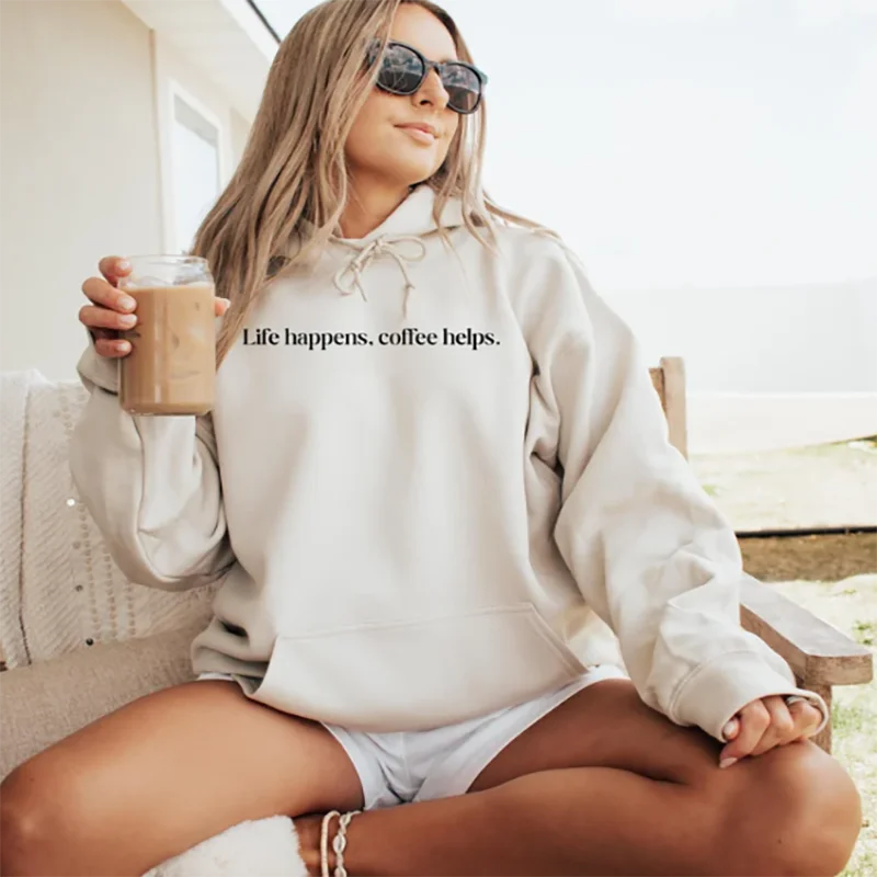 Hoodie Kopi Minimalis Wanita Estetika Gadis Remaja Kebesaran Y2K Kaus Crewneck Rapi Atasan Bertema Kopi Populer