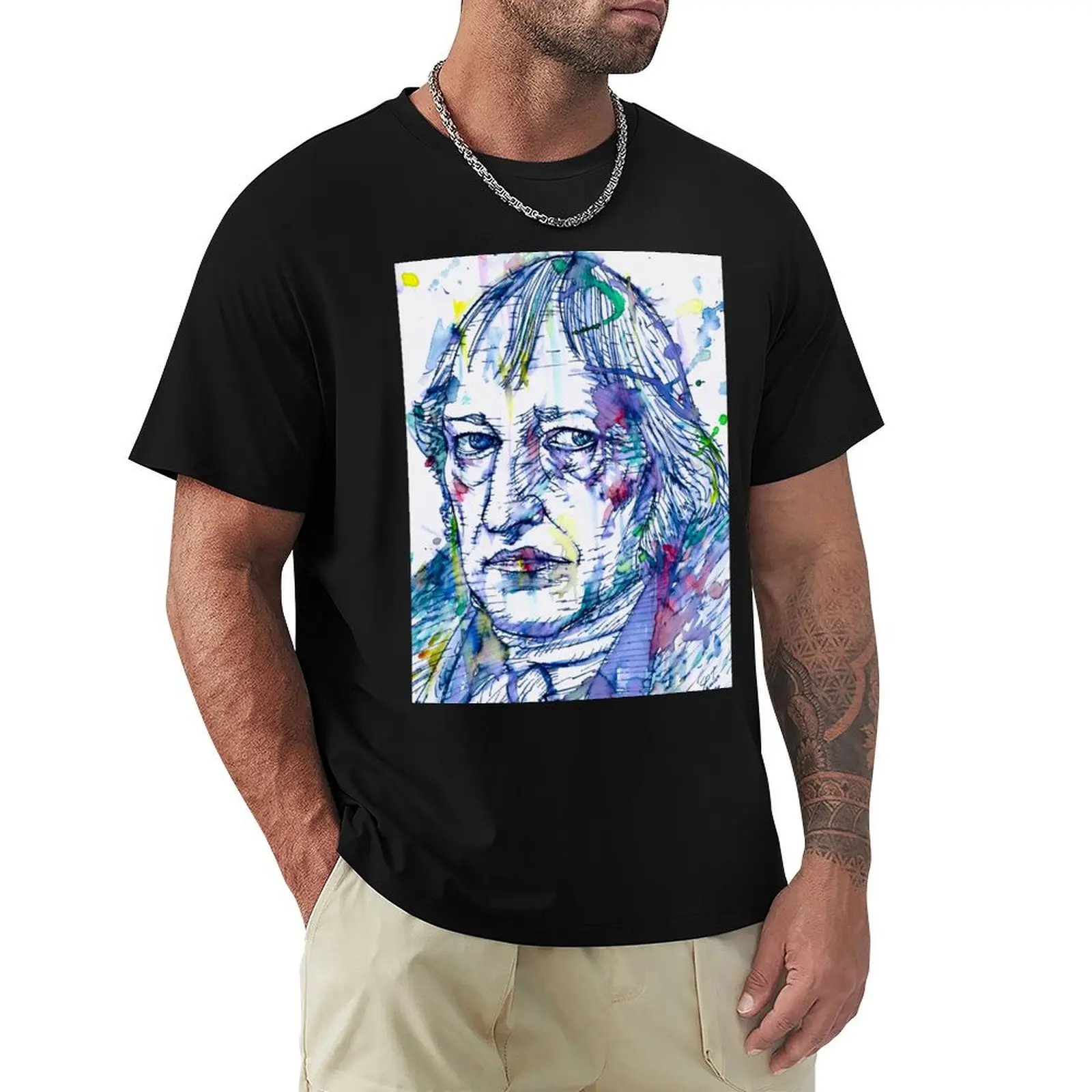 Camiseta HEGEL con retrato en acuarela y tinta, camiseta informal de talla grande