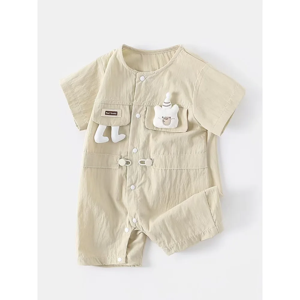 Baby boy summer 2026 new onesie cute fake two-piece tooling overalls cartoon onesie going out