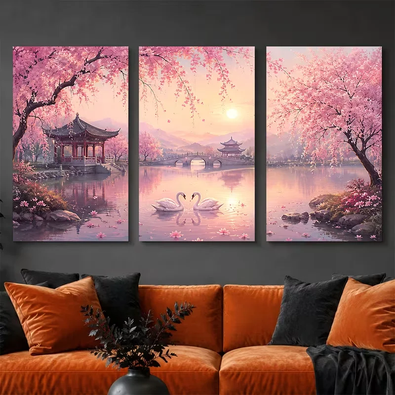 DIY Diamond Painting 3Pcs Frameless Picture Sakura Swan Pavilion Bridge Lake Triptych Full Drill Mosaic Diamond Embroidery Kits