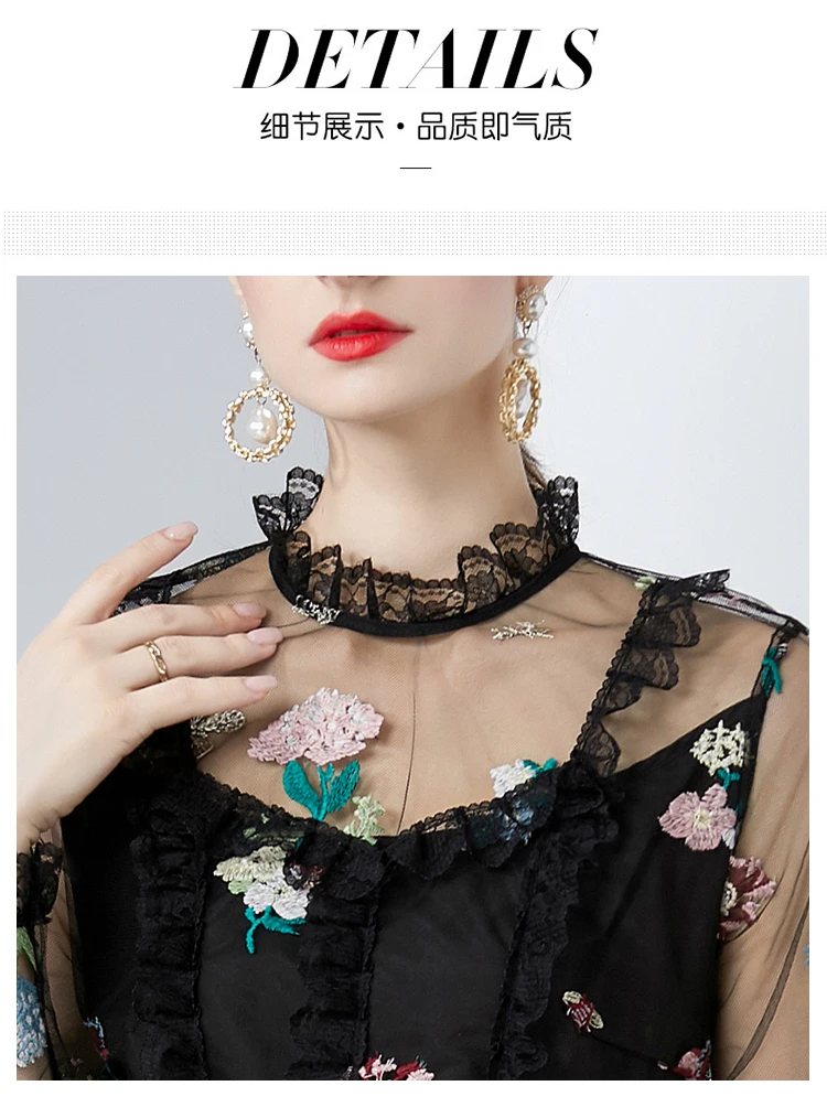 Embroidery Flower Ruffles Cake Dress Women O-Neck Long Sleeve Luxury Formal Occasion Evening Gown Prom Long Vestidos