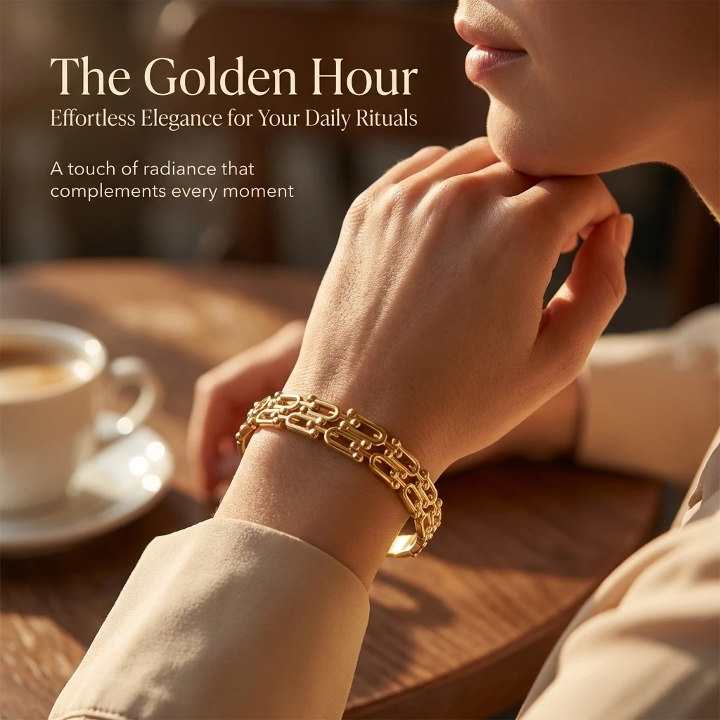 Elegant Gold Snap Bracelet, Stainless Steel Openwork Link Bangle, Luxe Feel Women Jewelry 60mm Inner Diameter