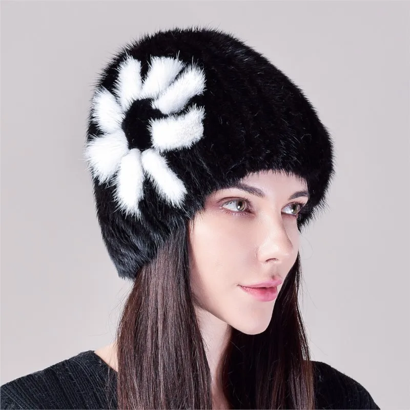 Warm women's double-sided wool woven fur hat and versatile elastic melon rind small round cap