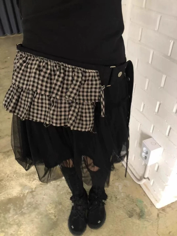 

Street Grid Pattern Lotus Leaf Edge Belt Double Zipper Waist Bag Checkered Shoulder Bags