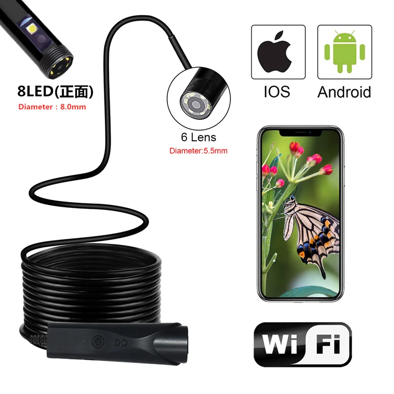 

4,9 мм 1080P WIFI эндоскопическая камера с двумя объективами, беспроводной бороскоп, жесткий кабель, водонепроницаемые светодиодные фонари, цифровой микроскоп, отоскоп