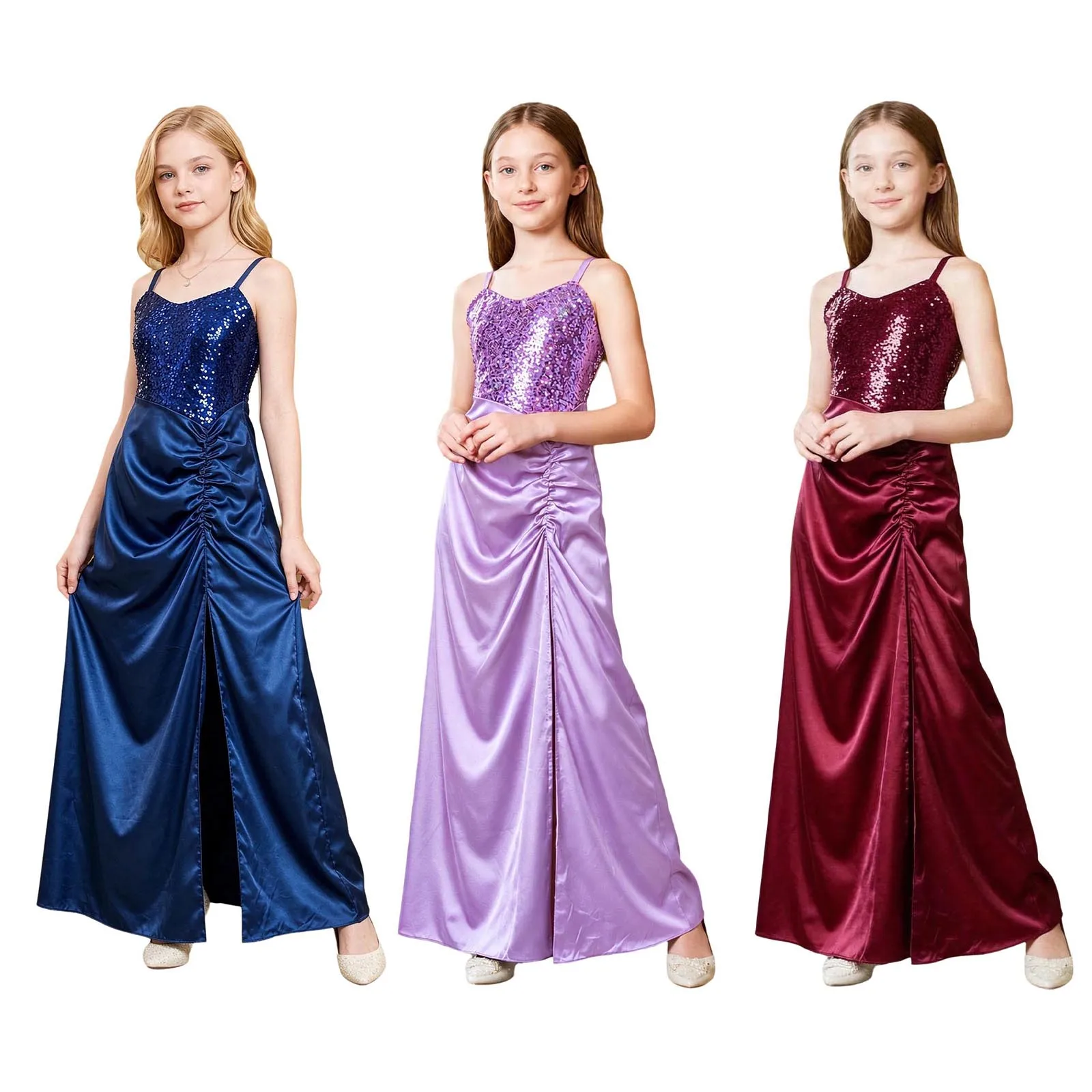 Kids Flower Girls Party Gown Adjustable Straps Sparkly Sequins Bodice Side Split Ruched Satin Dress Wedding Bridesmaid Evening