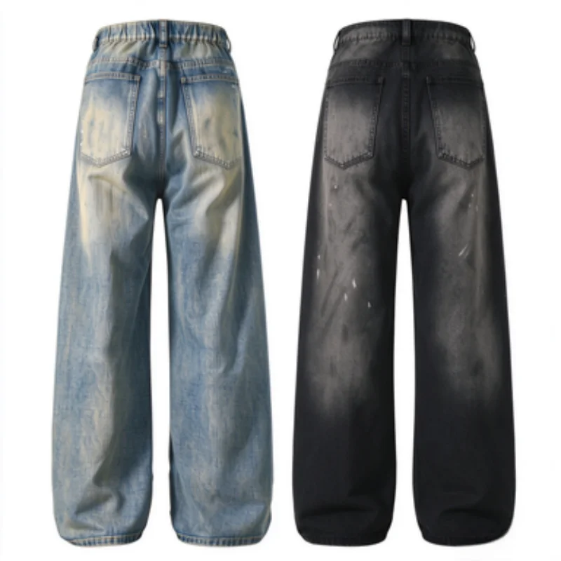 Men's Jeans with Ink-Stained Design, Wide-Leg Pants, American Hip-Hop Style, Multi-Pocket Workwear, Washed with a Draping Effect