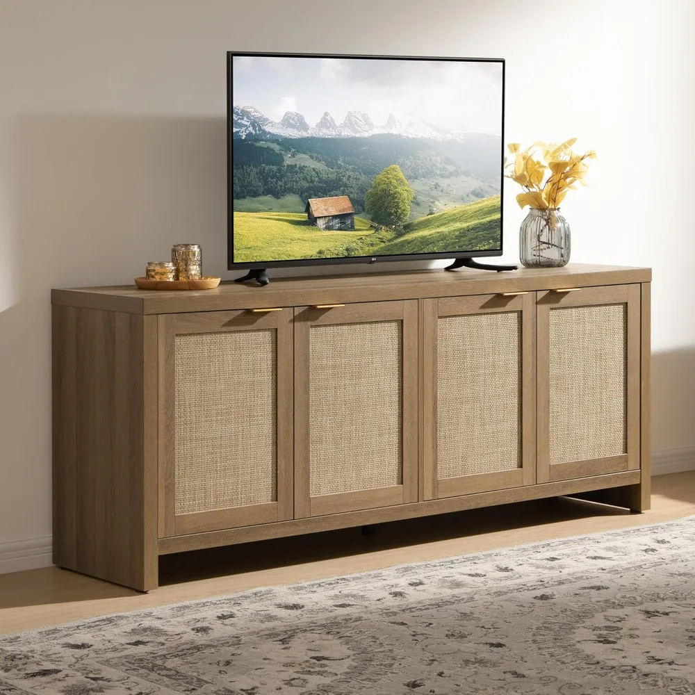 Fireplace TV cabinet for TVs up to 65 inches with open storage and side cabinets Rustic media console table with barn doors