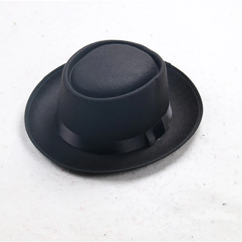 Father uses simple faux wool men's black gentleman flat top bowler hat concave top head wearing jazz hat bucket hat woman cap