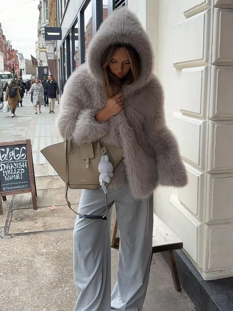 

Women New Winter Hooded Faux Fur Coat Chic Street Fashion Girls Fluffy Jacket Thick Warm Shaggy Overcoat
