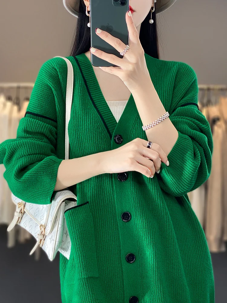 Autumn Winter Sweater Women\'s  V-neck Cardigans Loose Striped Pockets Cashmere 100% Merino Wool Knitwear Fashion Clothing Coat