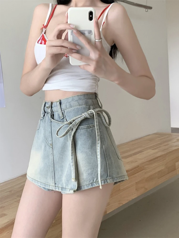 Y2K Cowboy Shorts for Women Summer High Waisted Skirts andPants Appear Thin Anti Glare Wrap Buttocks Half Length Skirt