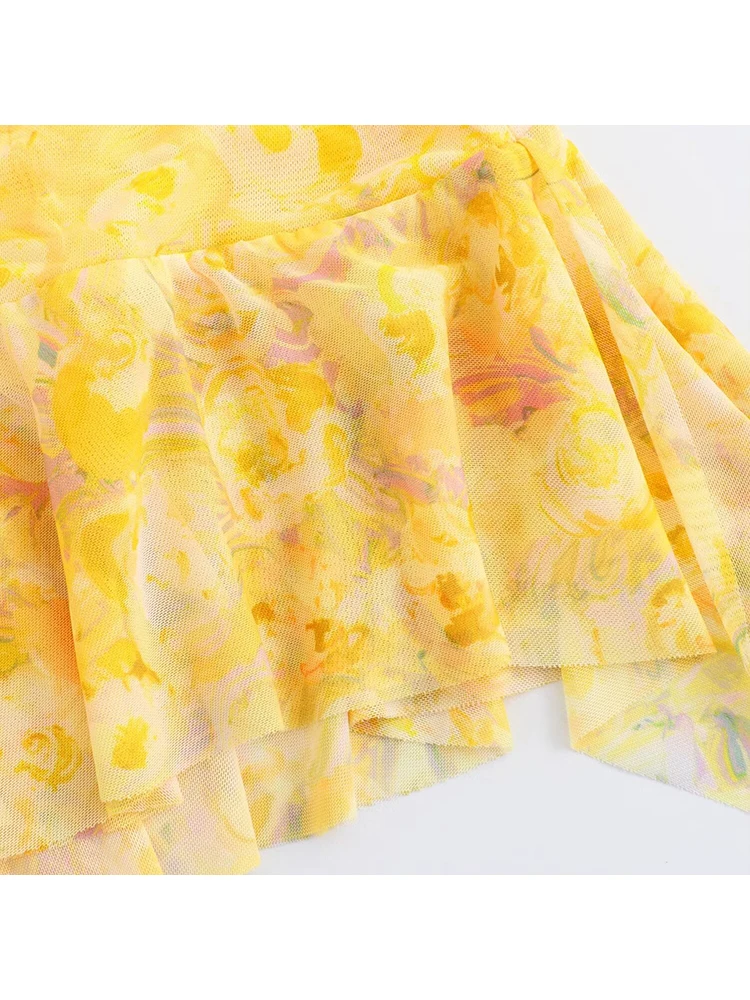 TRAF 2024 Summer Women Printed Pleated Dress Elegant Ruffles Sleeveless Mini Dress Fashion Female Slim Folds Beach Party Dress