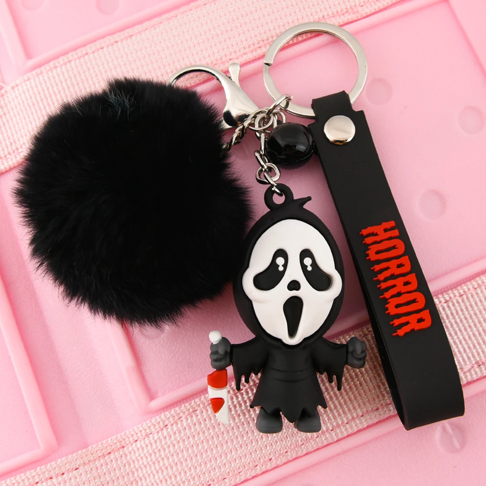 1pcs Creepy-Cute Horror Ghost Keychains With Black Fur Ball & Gothic Charm - Spooky Kawaii Keyring For Halloween Accessories - view 3