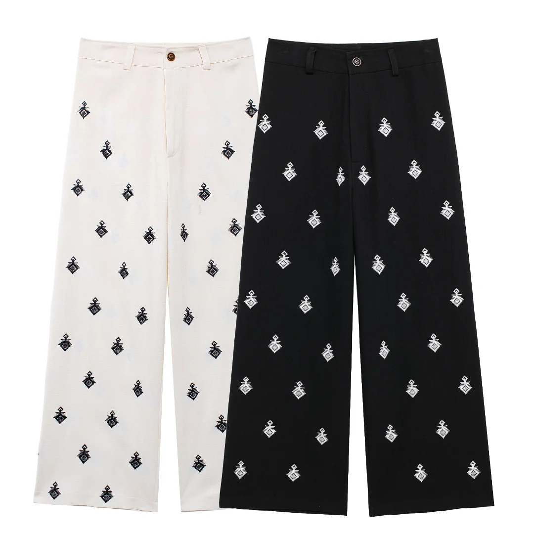 

TRAFZA Summer Female Chic Zipper Contrast Casual Wide Leg Long Pant Woman Button Decoration 2-Color Embroidery Trousers Mujer