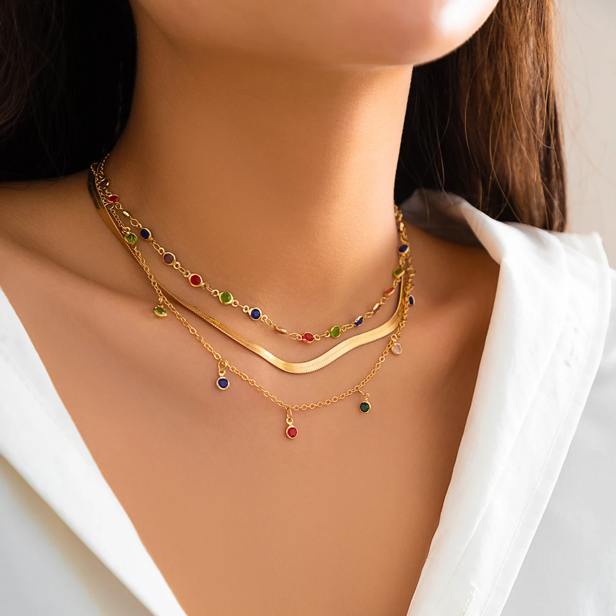 IngeSight.Z Boho Multi Layered Color Crystal Chain Choker Necklace for Women Vintage Flat Snake Chain Clavicle Short Necklace