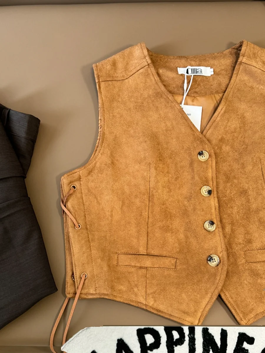 Chaleco de gamuza empalmado con cordones Retro Jaet mujer ort v-ne pequeño Jaet otoño alta gama sentido capas Faionable