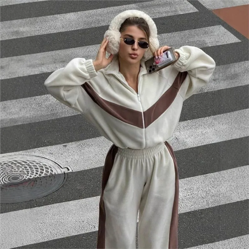 

Fashion Women's Two-piece Set Autumn And Winter Loose Zipper Flip Collar Color Matching Sets Simple Stree Style Lady Tracksuit