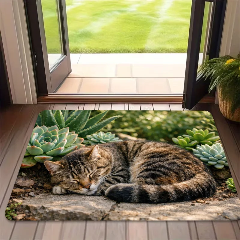 Sleeping Tabby Cat Succulent Doormat, Kitten Indoor Entrance Welcome Floor Mat, Washable Kitchen Garden Dining Party Rug