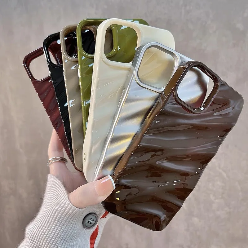 3D Wave Satin Ruffle Phone Case For iPhone 16 15 14 13 12 11 Pro Max 16 15 14plus X XR XS Max 7 8 Plus Solid Color Back Cover