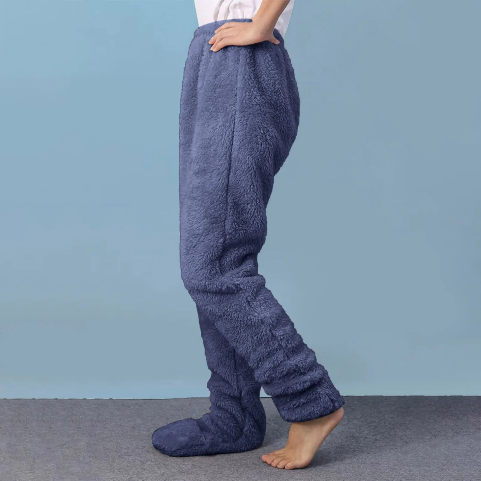 Winter Coral Fleece Women Pajamas Pant Solid Color Foot Wrapping Plush Sleepwear Elastic Waist Female Loose Homewear Pants