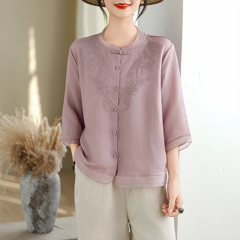 

Elegant Embroidered Stand Collar Shirt Jacket Women's plus Size Fashionable Spring Summer New Style Breathable Comfortable Sk...