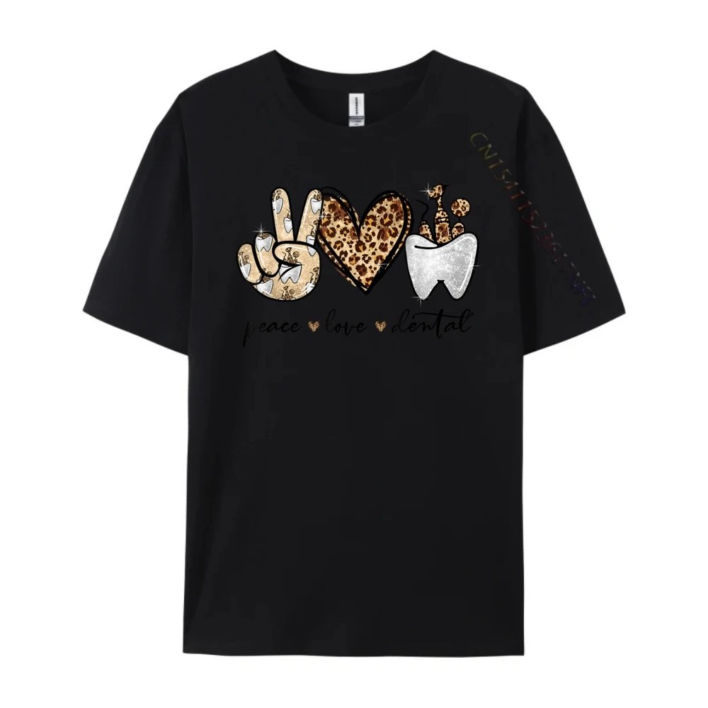 

Peace Love Dental Leopard Heart Teeth Cute Dentist Graphic T Shirts Men Cotton Adult Summer Custom T Shirt For Men