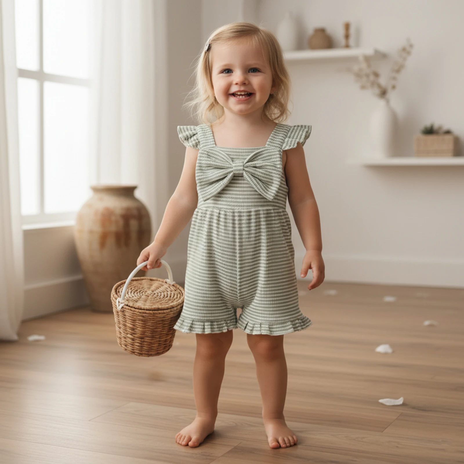 Summer Toddler Baby Girls Striped Jumpsuits Cute Sleeveless Square Collar Ruffles Bowknot Rompers Ruffles Shorts Overalls