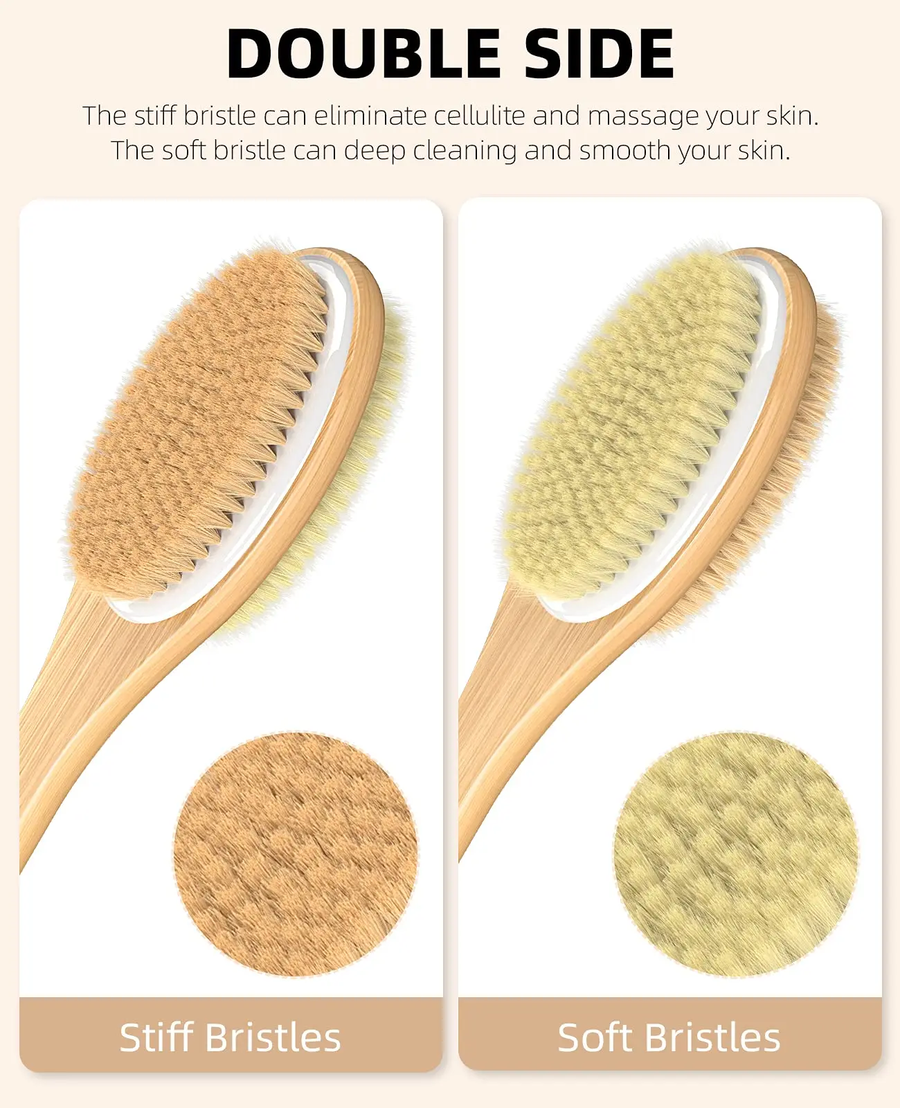 Bamboo Shower Brush with Soft and Stiff Bristles, Bath Dual-Sided Long Handle, Back Scrubber, Body Exfoliator, Wet or Dry Brush