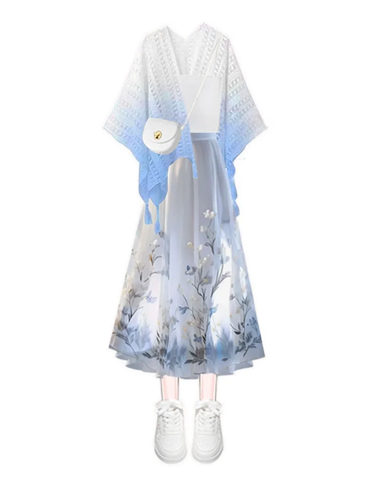 ฤดูร้อน plus ขนาดถัก adient พิมพ์ชุดสตรีสูงเอว ter Ne Tee-ชิ้นชุดกระชับสัดส่วนกระโปรงชุด