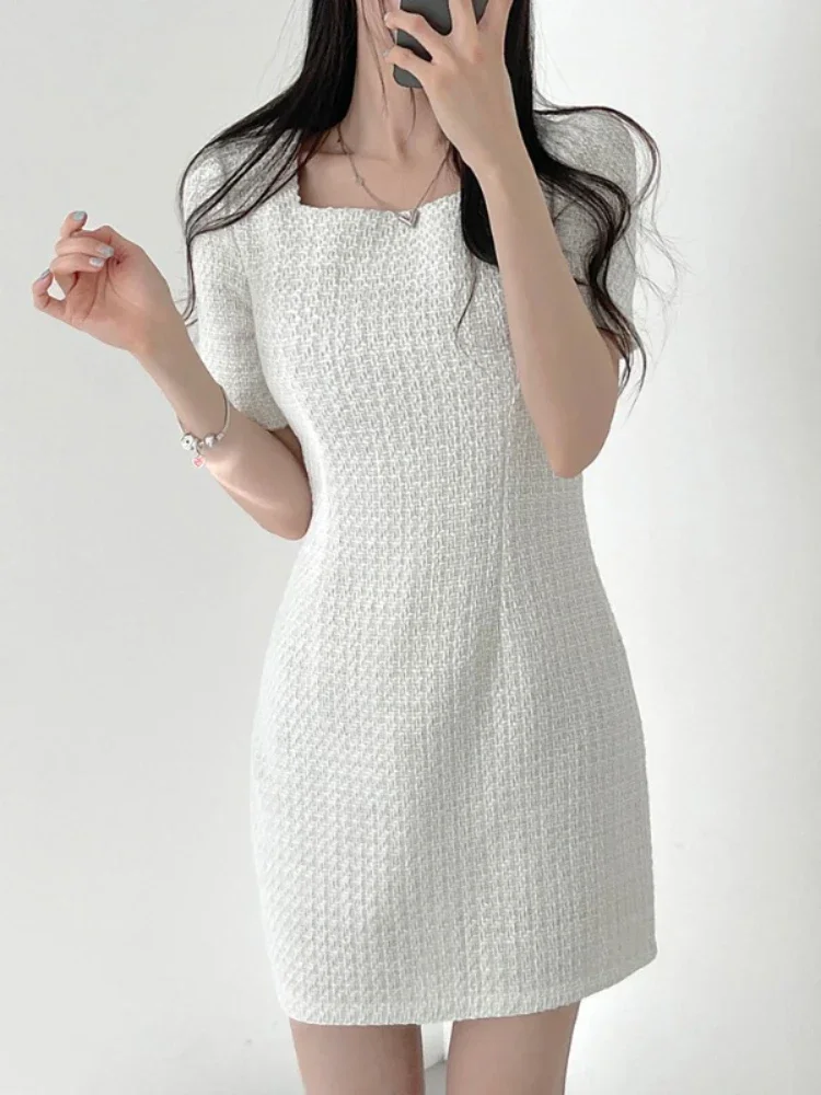 Onalippa Small Fragrance Tweed Mini Dress Square Collar Short Sleeves High Waist A Line Dresses Korean Chic Sweet Vestidos Women