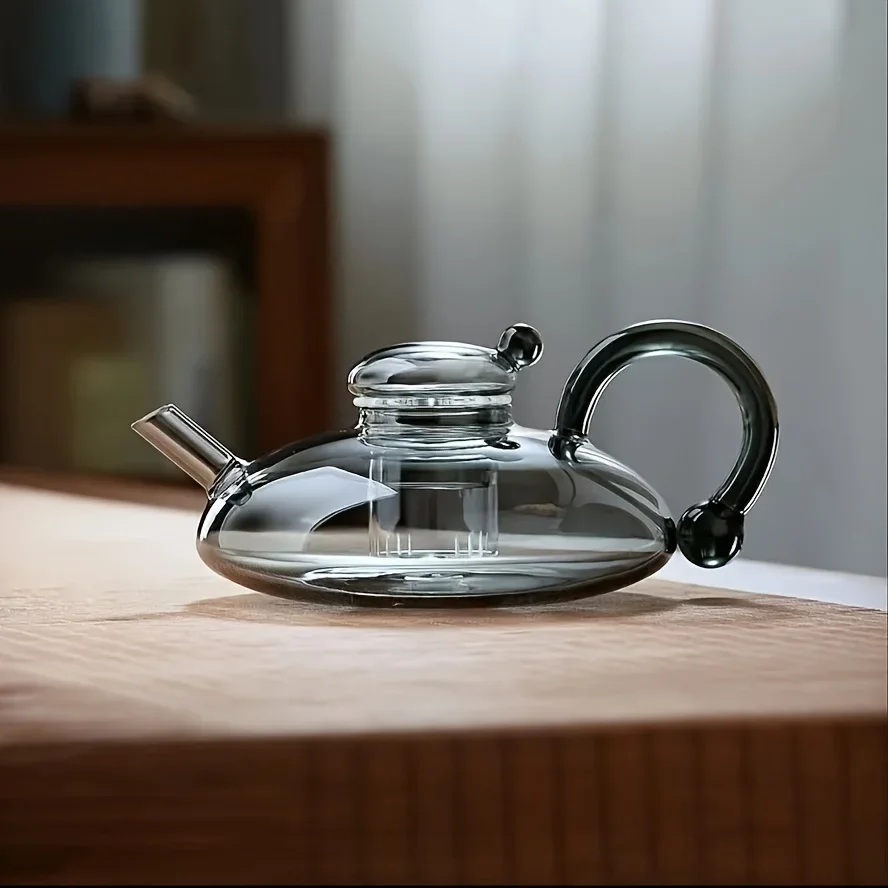 Smoke Gray Heat Resistant Glass Teapot Tea Pot with Lid for Tea Coffee Stylish Brewing Teapot Home Kitchen Office Daily Use Gift