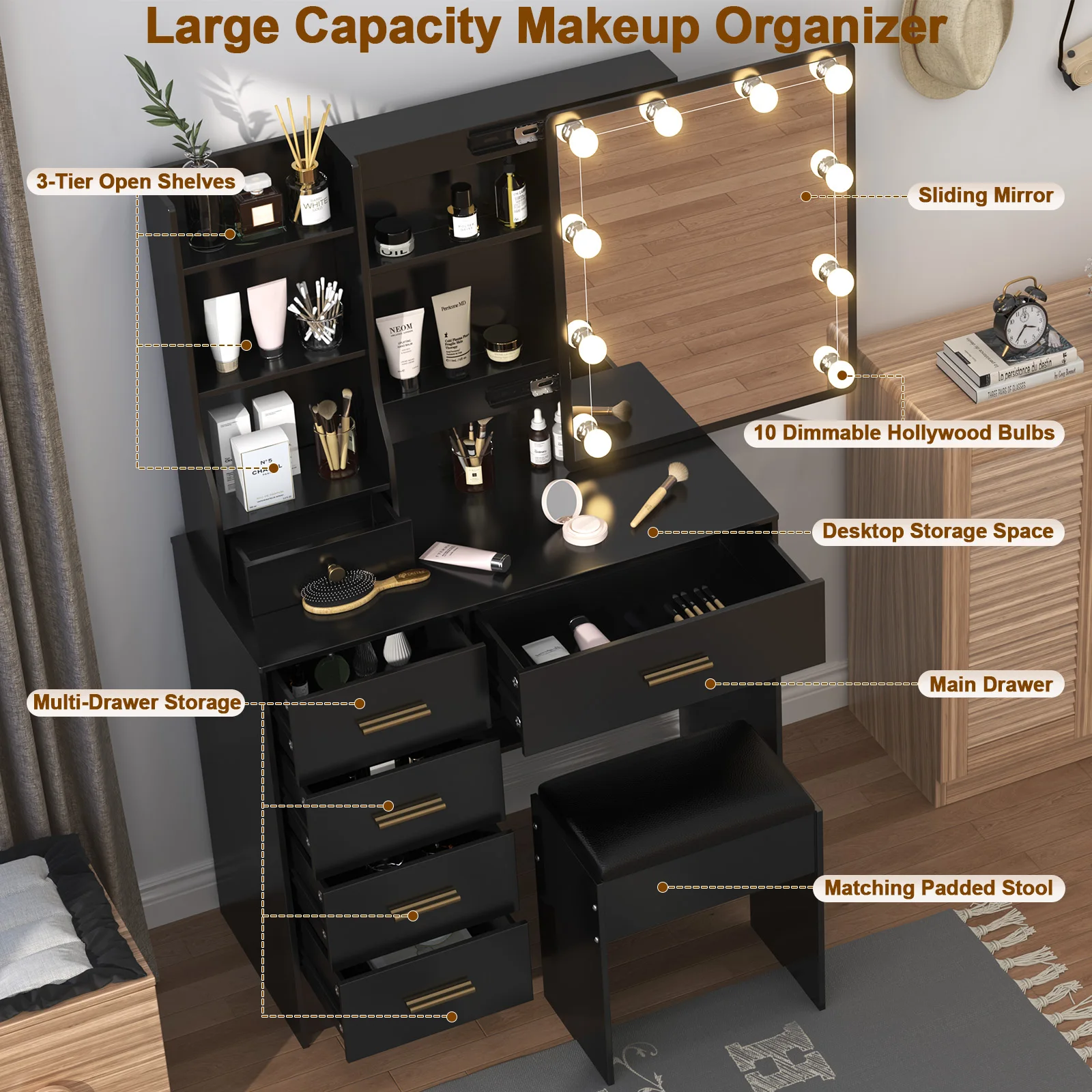 Teousev Black Vanity Desk Set  - đánh giá và giá Office Furniture Credenza