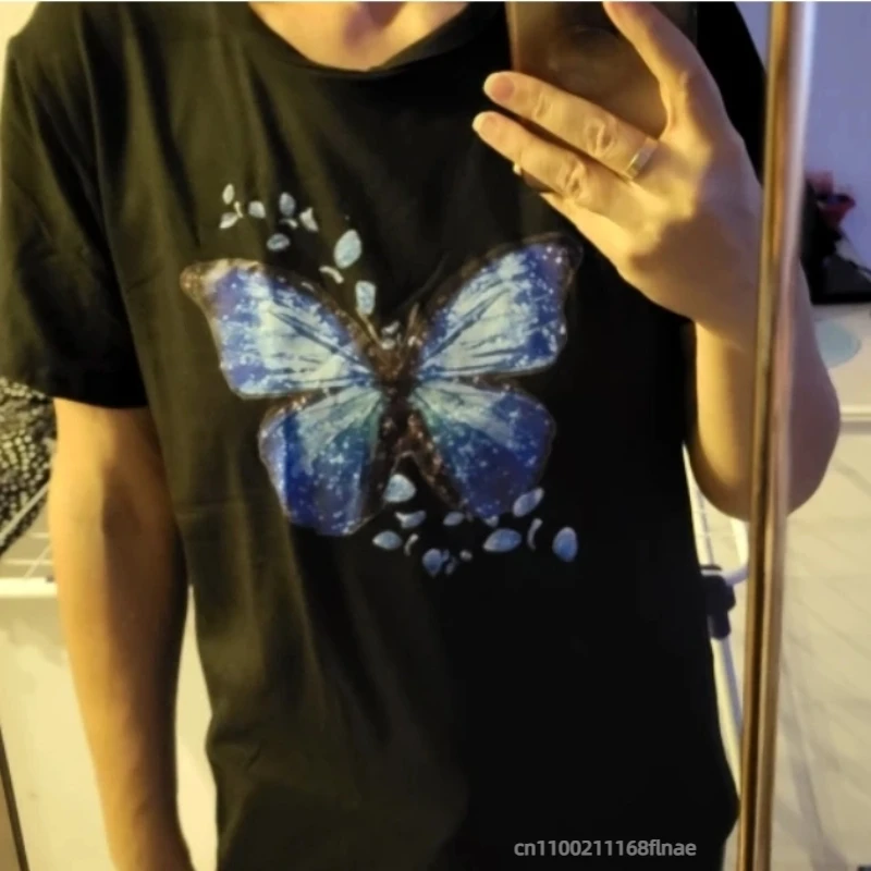 Street Dance-Kleidung für Damen, farbenfrohes T-Shirt mit Schmetterlingsblüten-Aufdruck, kurzärmeliger Rundhalsausschnitt, süßes Muster-Hip-Hop-Oberteil