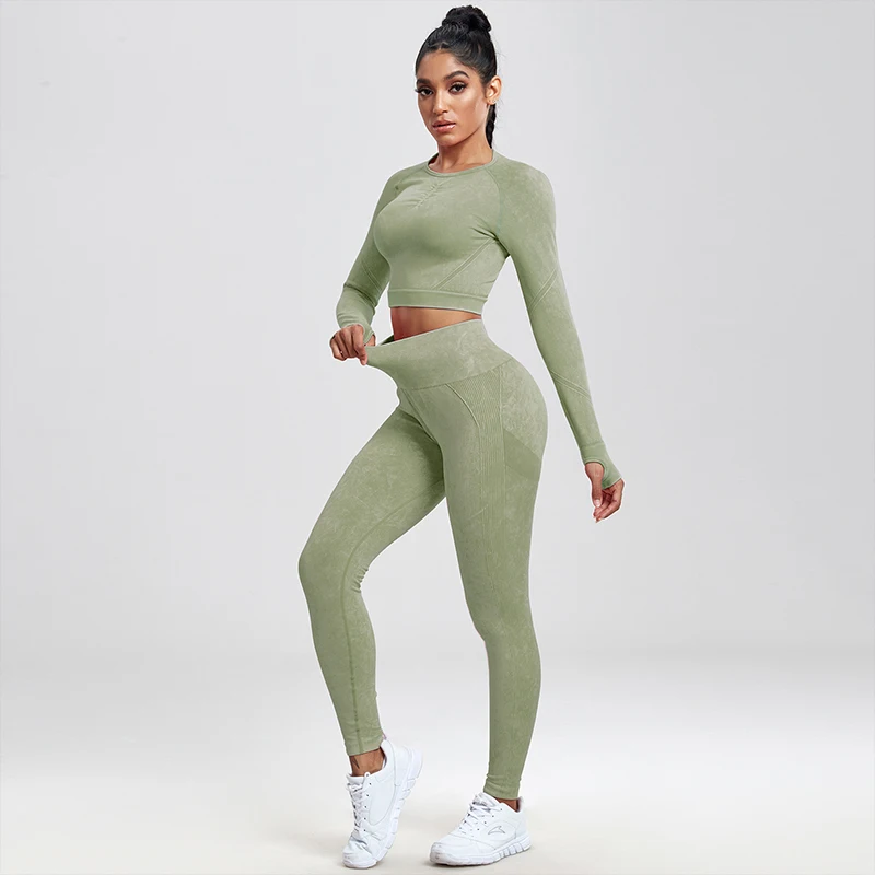 NORMOV Wash Yoga Sets Women Seamless Sports Set High Waist Gym Leggings Sportwear Push Up Fenale Workout Sets Fitness Suit