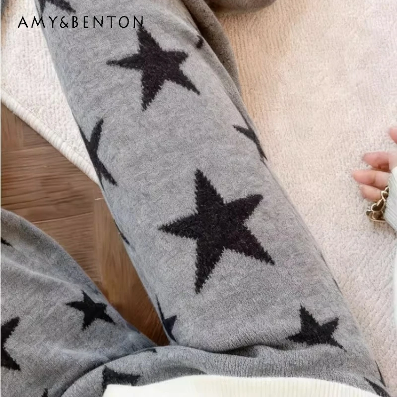 

Vintage Design Star Pattern Knitted Women's Wide-Leg Pants Autumn Winter Gray High-Waisted Thickened Warm Long Trousers Ladies
