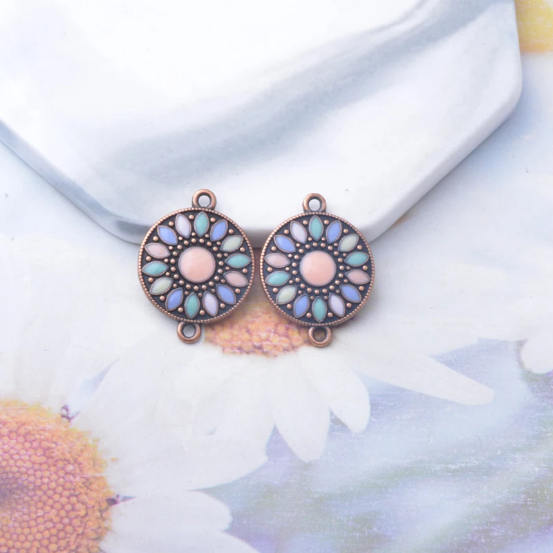 10 Stück Emaille-Rundanhänger aus Legierung, bunt, antikrot, Anhänger-Verbinder für DIY-Schmuck- und Ohrringherstellung – Detail 4
