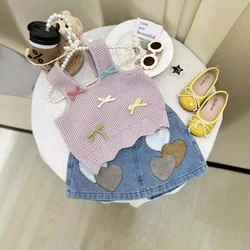 Children's Clothing Sets Knitted Bow Vest with A Love Heart Denim Dress Girls Clothes Set 7 To 8 Years Kids Boutique Clothes