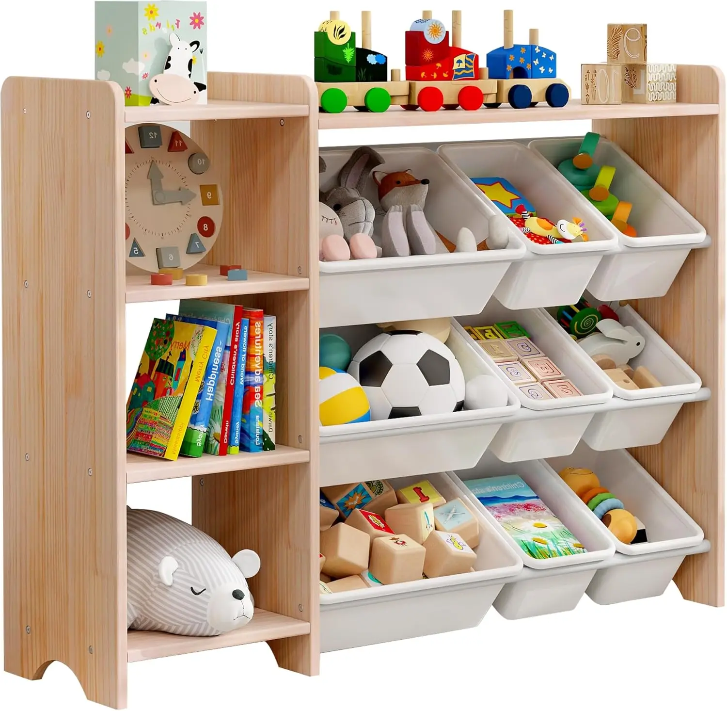 

4-Tier Kids' Toy Storage Organizer with 9 Bins & 3 Ports - Solid Wood Cabinet for Children's Room