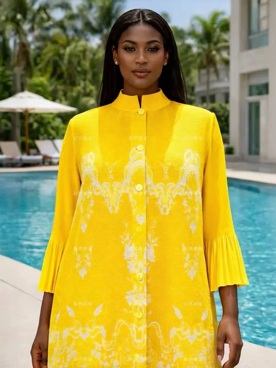 African Loose Women's Clothing Yellow Printed Pleated Long Shirt Casual Pants Two-piece Set 2026 Miyake Wind Pleated Set
