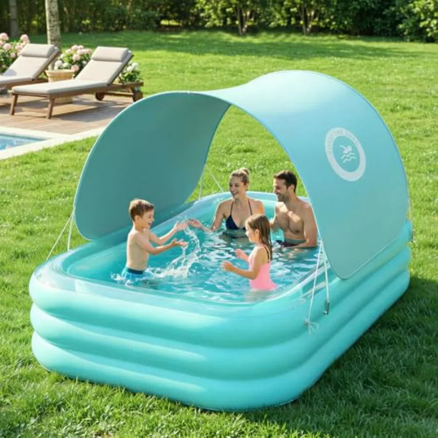 

Inflatable Pool with Canopy for Outdoor Backyard Garden Party Summer Fun, Thickened PVC Green Pool, 102 x 65 x 22, Adults Famil